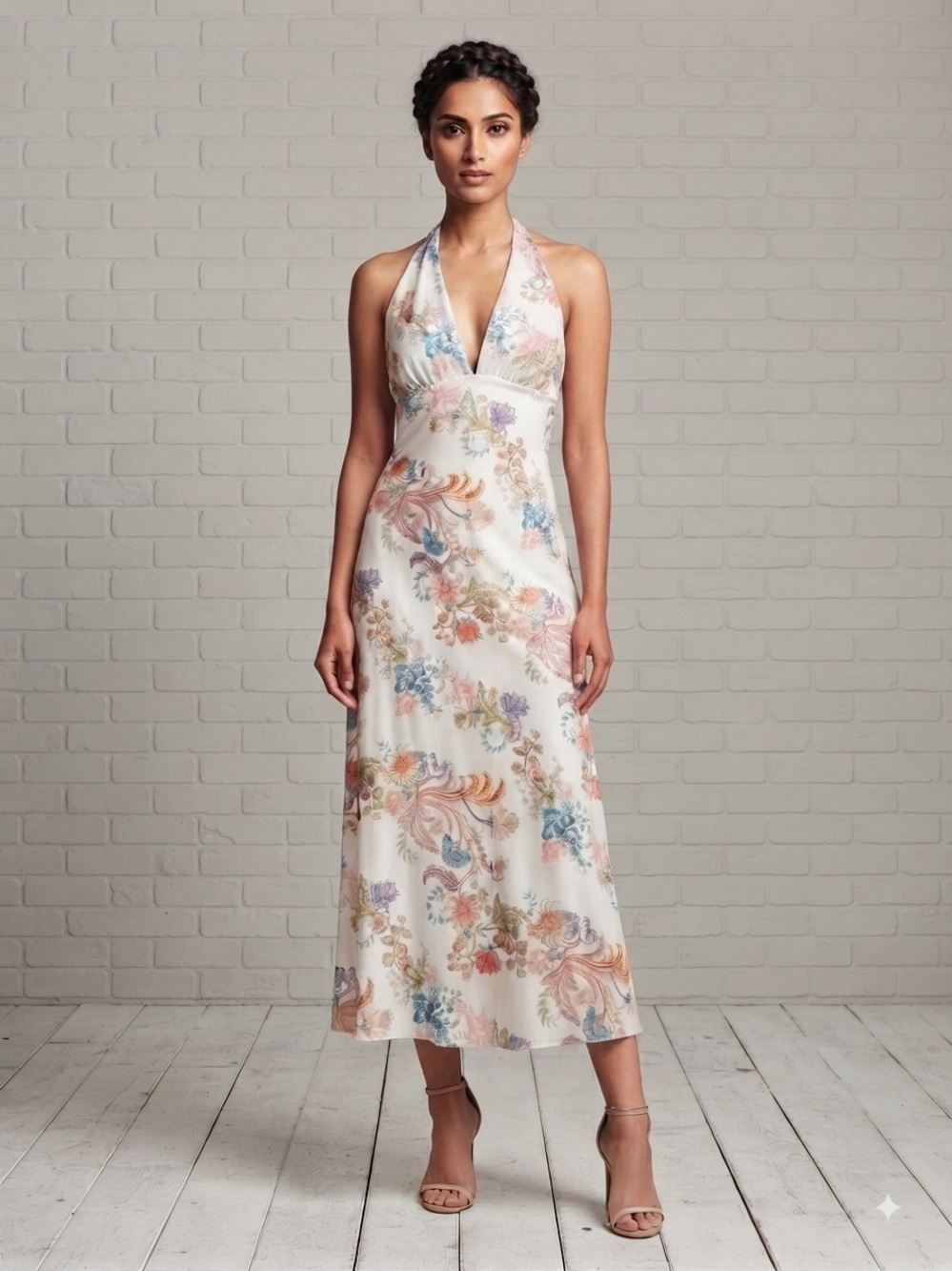 See You Monday Floral Halter Midi Dress in Cream with Pastel Print